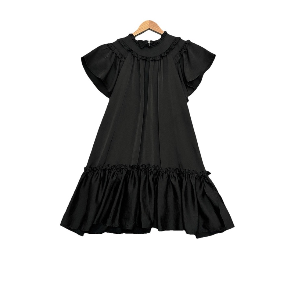 Anthropologie Black Ruffled Short-Sleeve Mini Dress